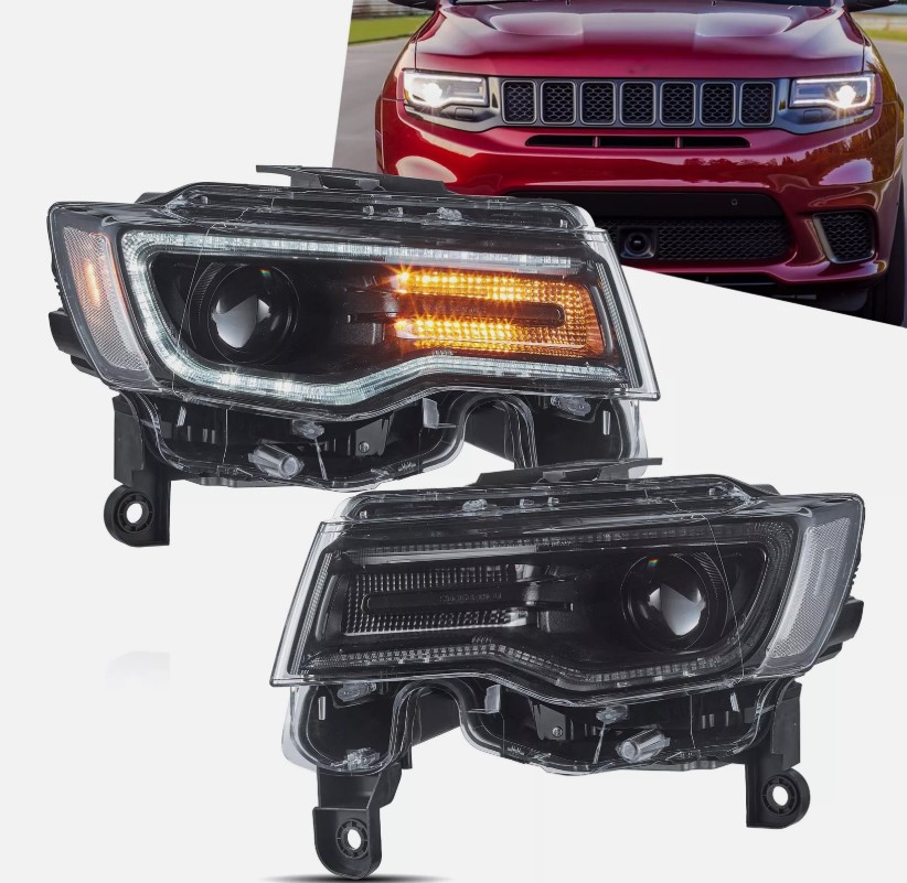 led drl projector headlights for 14 22 jeep grand cherokee w/blue drl animation