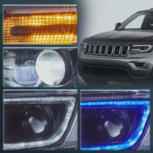 led drl projector headlights for 14 22 jeep grand cherokee w/blue drl animation