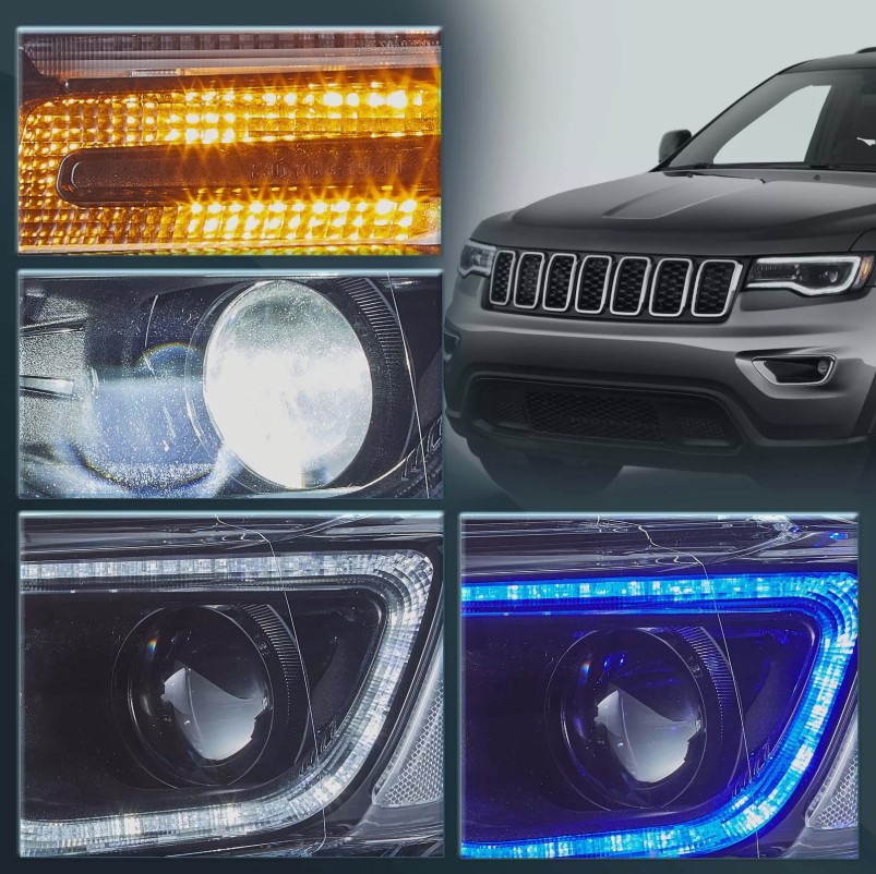 led drl projector headlights for 14 22 jeep grand cherokee w/blue drl animation