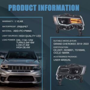 led drl projector headlights for 14 22 jeep grand cherokee w/blue drl animation
