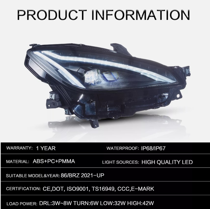 led drl projector headlights for 2022 23 toyota gr86 /subaru brz w/startup