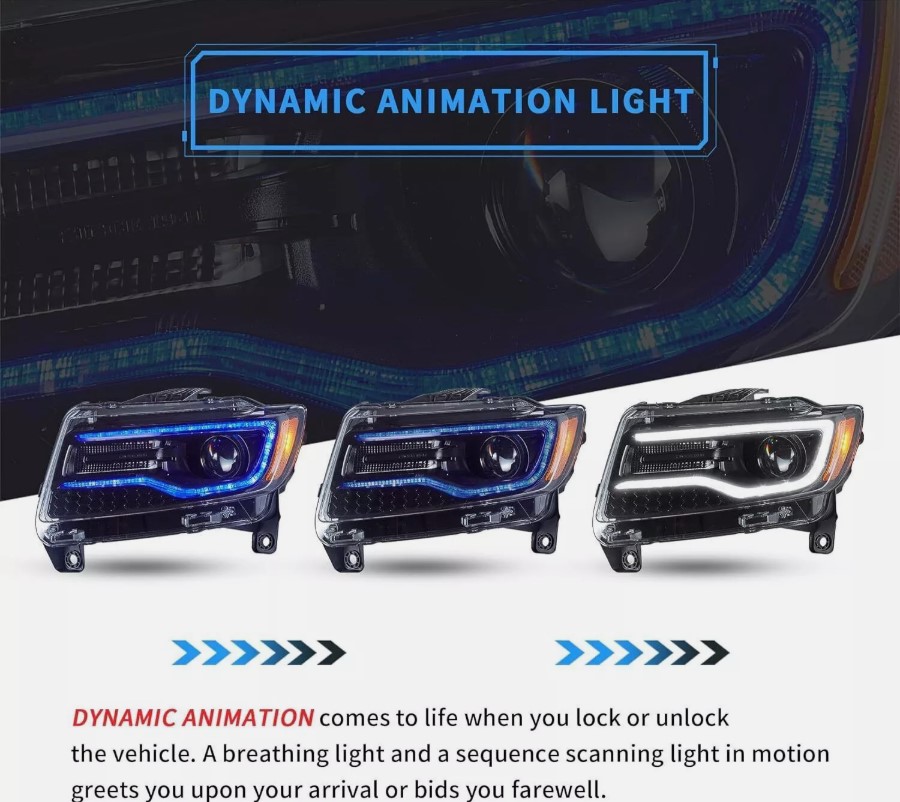led drl projector headlights for 14 22 jeep grand cherokee w/blue drl animation