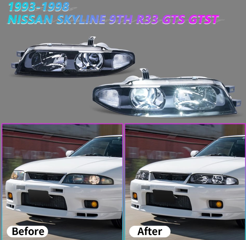 jdm black oe projector headlights for nissan skyline r33 gtr gts25 gts series 1&3 head lights