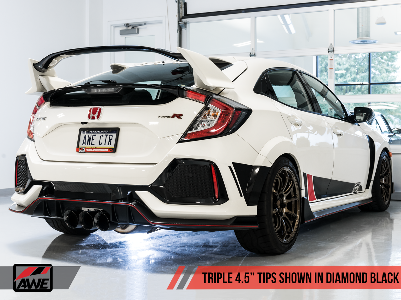 awe tuning touring edition exhaust w/ front pipe + mid pipe – honda civic type r fk8 (triple diamond black tips)